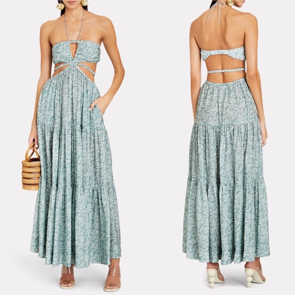 JONATHAN SIMKHAI Laurel Cut-Out Green & White Printed Maxi Dress - Size Small - Picture 1 of 16